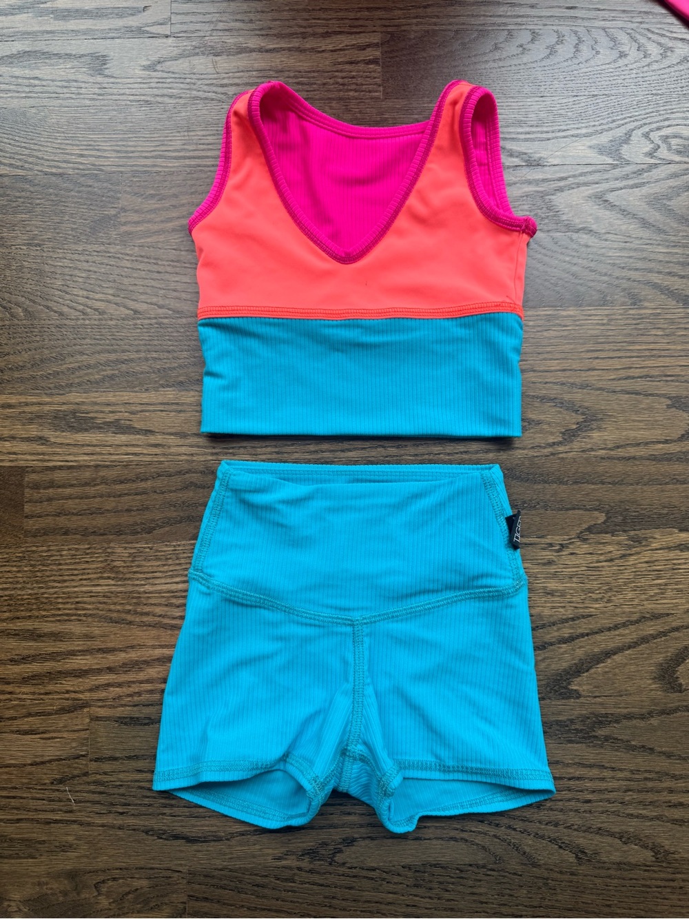 Girls Colorblock Swim Crop Top & Swim Shorts - Pink, Coral & Turquoise